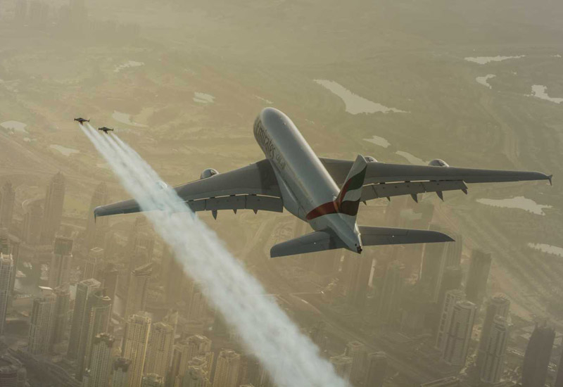 In a world first, Jetmen Yves Rossy and Vince Reffet flew alongside a Airbus A380, as recorded by Dubai Film. In a world first, Jetmen Yves Rossy and Vince Reffet flew alongside a Airbus A380, as recorded by Dubai Film.