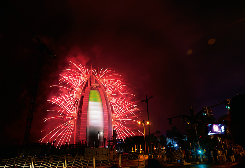 The Burj Al Arab took centre stage on the city's skyline with a dazzling fireworks display by Ruggieri. The Burj Al Arab took centre stage on the city's skyline with a dazzling fireworks display by Ruggieri.