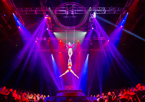Cirque Le Noir takes place in a 360-degree custom-built stage setting. Cirque Le Noir takes place in a 360-degree custom-built stage setting.