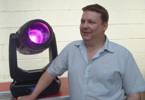Haydn "H" Cruickshank with one of the new BMFL fixtures purchased by Colour Sound Experiment. Haydn "H" Cruickshank with one of the new BMFL fixtures purchased by Colour Sound Experiment.