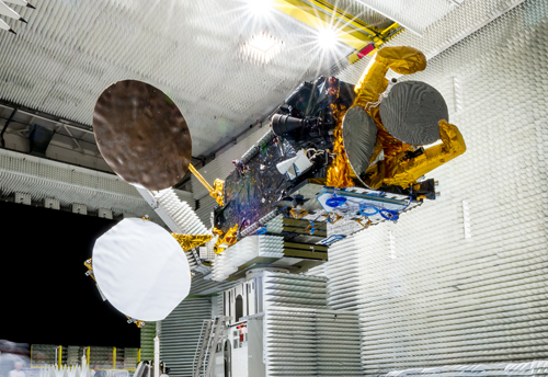 Eutelsat 8 West B satellite undergoing testing in the anechoic chamber at Thales Alenia Space in Cannes, France. Picture (c) Eutelsat. Eutelsat 8 West B satellite undergoing testing in the anechoic chamber at Thales Alenia Space in Cannes, France. Picture (c) Eutelsat.