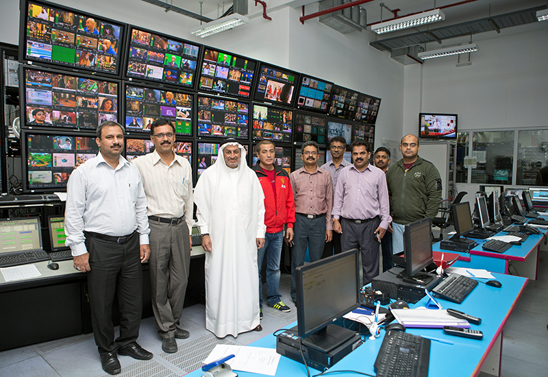 Al Muhaideb and his team in the uplink room where just a fraction of Du's broadcasting operations are monitored Al Muhaideb and his team in the uplink room where just a fraction of Du's broadcasting operations are monitored