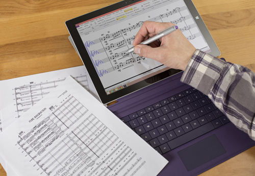 The new Sibelius allows users to write music and add or edit notes easily on the Microsoft Surface Pro 3 tablet with a tap of the pen. The new Sibelius allows users to write music and add or edit notes easily on the Microsoft Surface Pro 3 tablet with a tap of the pen.
