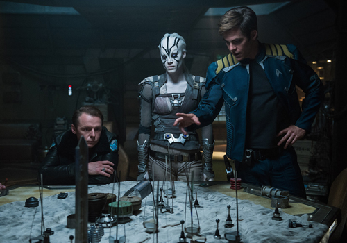 (L-R) Simon Pegg plays Scotty, Sofia Boutella plays Jaylah and Chris Pine plays Captain Kirk in the upcoming Star Trek movie. (L-R) Simon Pegg plays Scotty, Sofia Boutella plays Jaylah and Chris Pine plays Captain Kirk in the upcoming Star Trek movie.