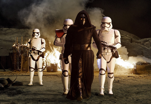 Kylo Ren leads First Order stormtroopers in this official still from the upcoming movie. Kylo Ren leads First Order stormtroopers in this official still from the upcoming movie.