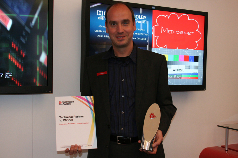 Thomas Riedel, managing director, Riedel, accepts the IBC Innovation Award. Thomas Riedel, managing director, Riedel, accepts the IBC Innovation Award.