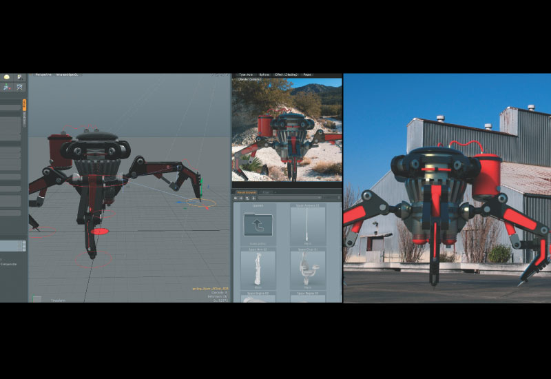 Left: A spider bot with inverse kinematics applied while the modo preview renderer shows a near final result in the upper right corner and the right, Left: A spider bot with inverse kinematics applied while the modo preview renderer shows a near final result in the upper right corner and the right,