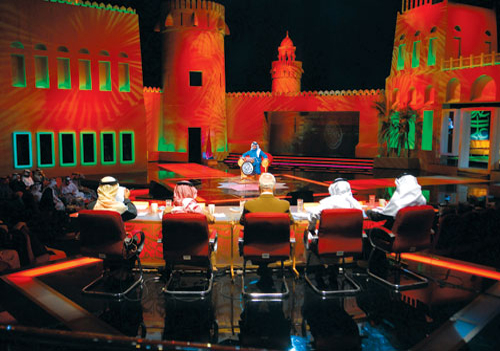 The set for the Million's Poet show is based on Abu Dhabi's Al Hosn Palace. The various lighting effects on the stage and back-drop are created by 25, The set for the Million's Poet show is based on Abu Dhabi's Al Hosn Palace. The various lighting effects on the stage and back-drop are created by 25,