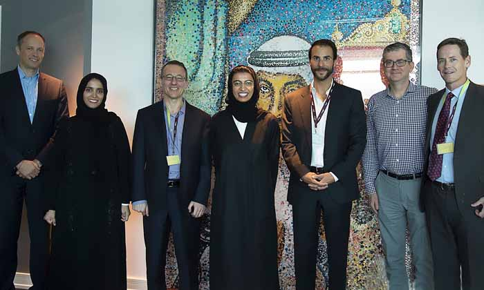(L-R) Paul Baker, Executive Director of Film & TV Services at twofour54; Maryam Al Mheiri, Acting CEO of twofour54; Aaron Lobel, President of America Abroad Media; Noura Al Kaabi, Chairwoman of twofour54; Ben Silverman, Greg Daniels, and Howard Owens. (L-R) Paul Baker, Executive Director of Film & TV Services at twofour54; Maryam Al Mheiri, Acting CEO of twofour54; Aaron Lobel, President of America Abroad Media; Noura Al Kaabi, Chairwoman of twofour54; Ben Silverman, Greg Daniels, and Howard Owens.