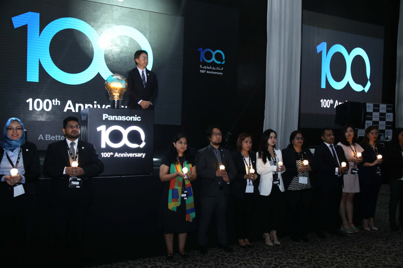 Managing Director Hiroki Soejima lights a ceremonial bulb in celebration of Panasonic's 100 years of operation. Managing Director Hiroki Soejima lights a ceremonial bulb in celebration of Panasonic's 100 years of operation.