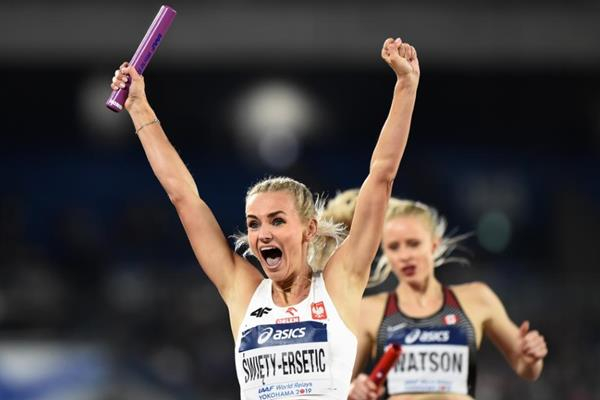 Justyna Swiety-Ersetic celebrates Poland's 4x400m victory at the IAAF World Relays Yokohama Justyna Swiety-Ersetic celebrates Poland's 4x400m victory at the IAAF World Relays Yokohama