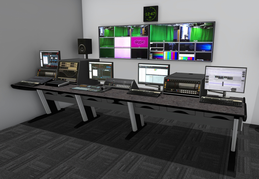 Four-operator forward production control desk from the Custom Consoles Module-R series. Four-operator forward production control desk from the Custom Consoles Module-R series.